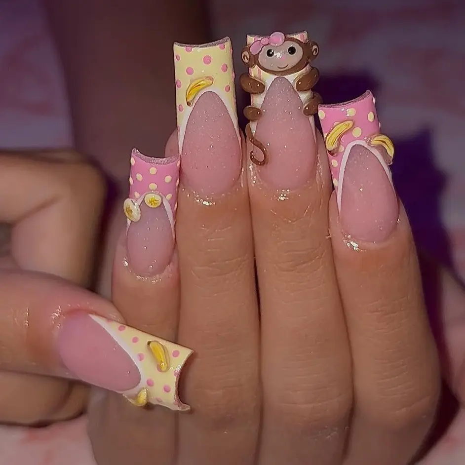 swish.nails Pink Banana Monkey Party Press-On Nails, 3D Smiling Monkey & Banana Charms, Candy Dots French, Pink-Yellow Color Block, Handcrafted Playful Nails, Kawaii Nail Art, Birthday Gift, Custom Set
