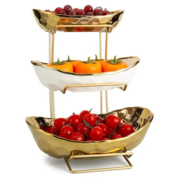 3 Tier Fruit Bowl for Kitchen Counter, White Gold Ceramic Fruit Stand for Countertop, Home Fruit Rack with Holder