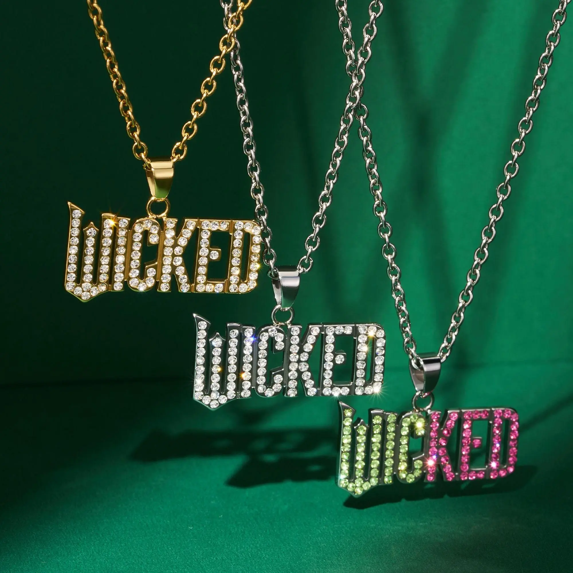 OUFER Women's Wicked 316L Stainless Steel Non-Tarnish CZ Necklace, Non Tarnish Jewelry, Chain Links Beaded Rhinestone Character Bling Necklace, 45cm+9cm Length, Chain Links Necklaces