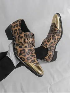 Men's Leopard Print Brogue Shoes with Buckle Closure, Business Banquet Party Formal Wear, Stylish Men's Dress Shoes