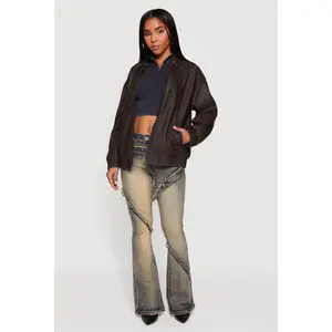Faux Leather Long Sleeve Zip Front Bomber Jacket