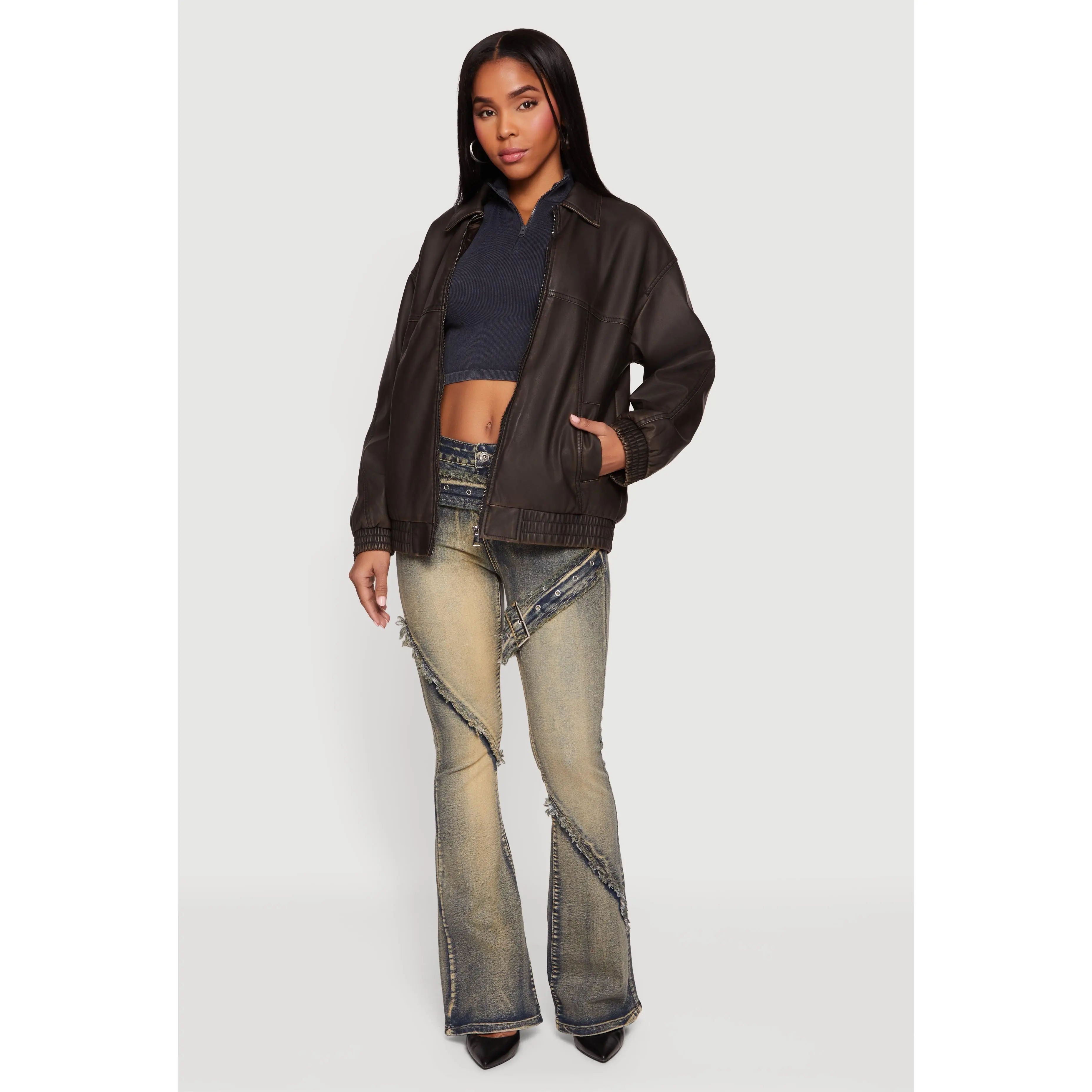 Faux Leather Long Sleeve Zip Front Bomber Jacket