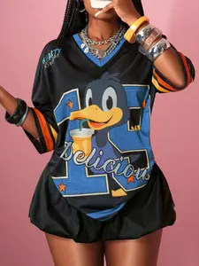 Women's Y2K Mesh Breathable Cartoon Duck Printed Fitted Hoodie, Vintage Hip-Hop Style, Music Festival Street Party Casual Top, Fashion Lady Womenswear