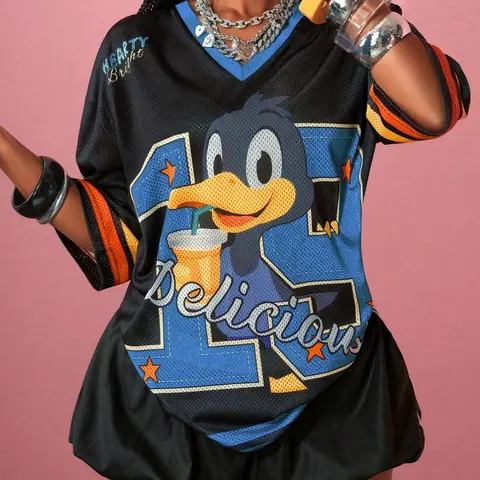 Women's Y2K Mesh Breathable Cartoon Duck Printed Trendy Sweatshirt Fitted Hip-Hop Style, Music Festival Street Party Casual V-Neck Top, Fashion Womenswear