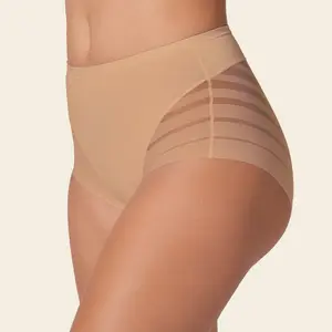 Leonisa High Waisted Invisible Tummy Control Shapewear for Women - Stripe Undetectable Lace Ladies Underwear Panties Flat Leg
