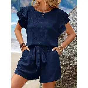 1 set of pure color elegant women's set, round neck flowing sleeve top and comfortable casual shorts, belt design elegant and spacious