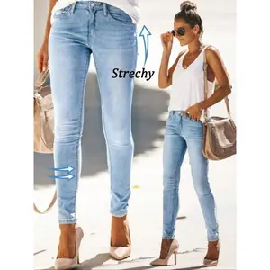 Women’s denim jeans, elastic slim-fit pants in a blue color, suitable for casual wear year-round, made from comfortable elastic fabric, ideal for everyday use. GARMENTARY