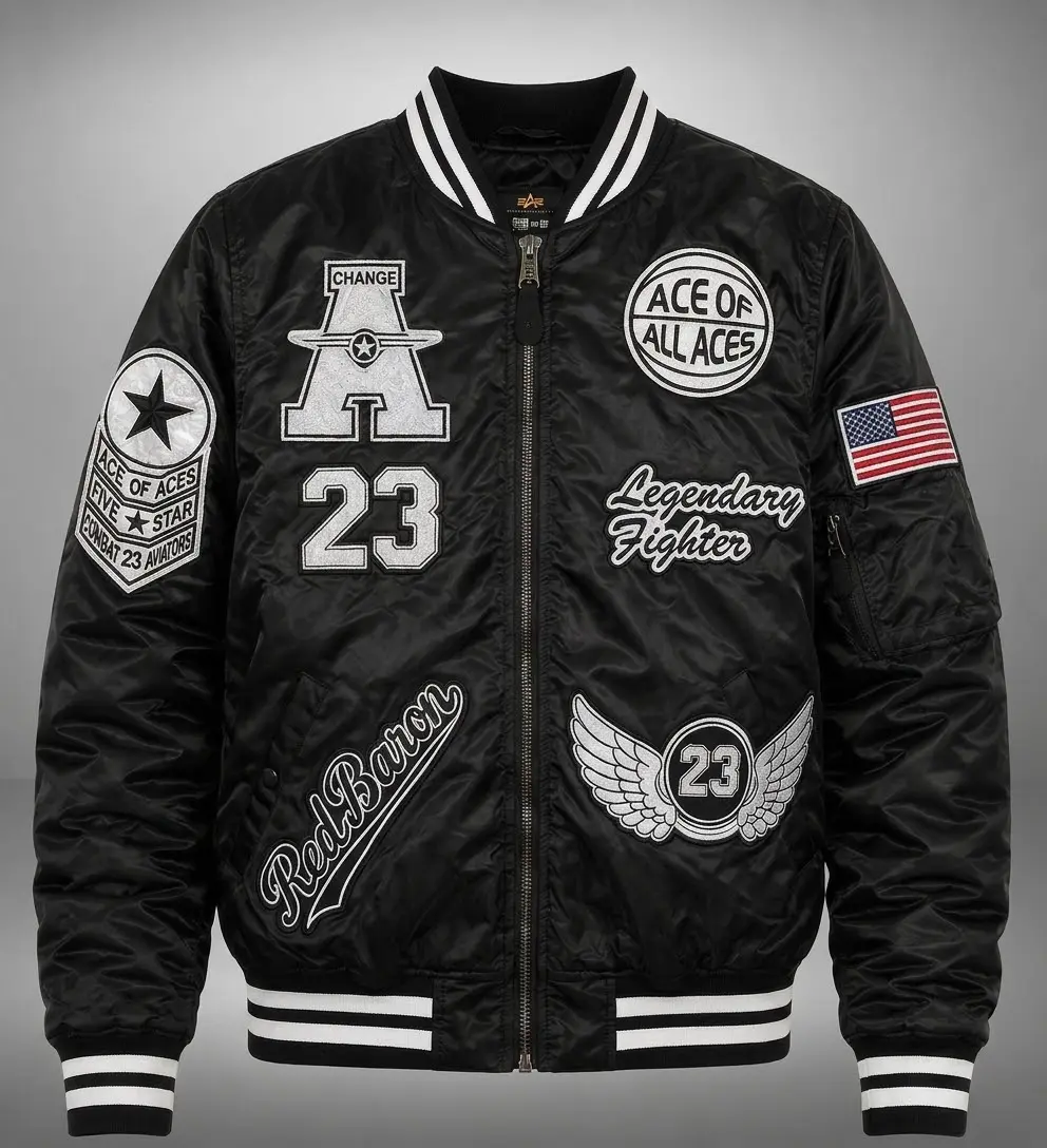 Ace of All Aces Legendary Fighter Bomber Jacket with 23 Patch and American Flag Emblem