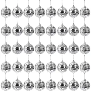 40 Pack Mirror Disco Ball, 2 Inch Silver Disco Light Mirror Ball with Attached String for Wedding Home Decoration, Stage Props, Christmas Xmas Tree Ornament