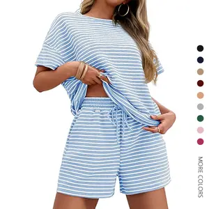 Danedvi Womens Pajamas 2 Piece Lounge Sets Striped Short Sleeve T Shirts Drawstring Shorts Matching Set Loungewear Nightwear