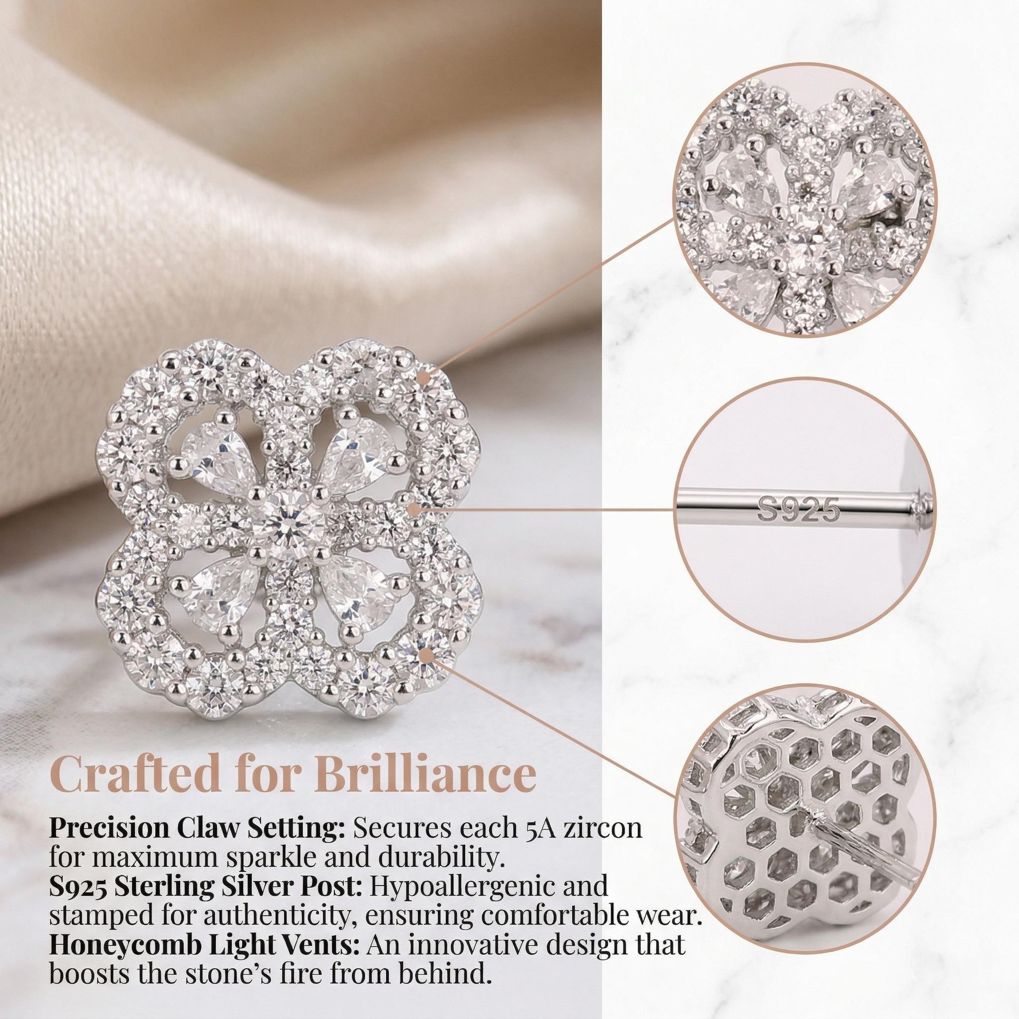 2 Pairs Sparkling CZ Stud Earrings Set for Women, 925 Sterling Silver Hypoallergenic Halo & Clover Diamond Earrings, Bridal Wedding Party Daily Wear Jewelry Gift