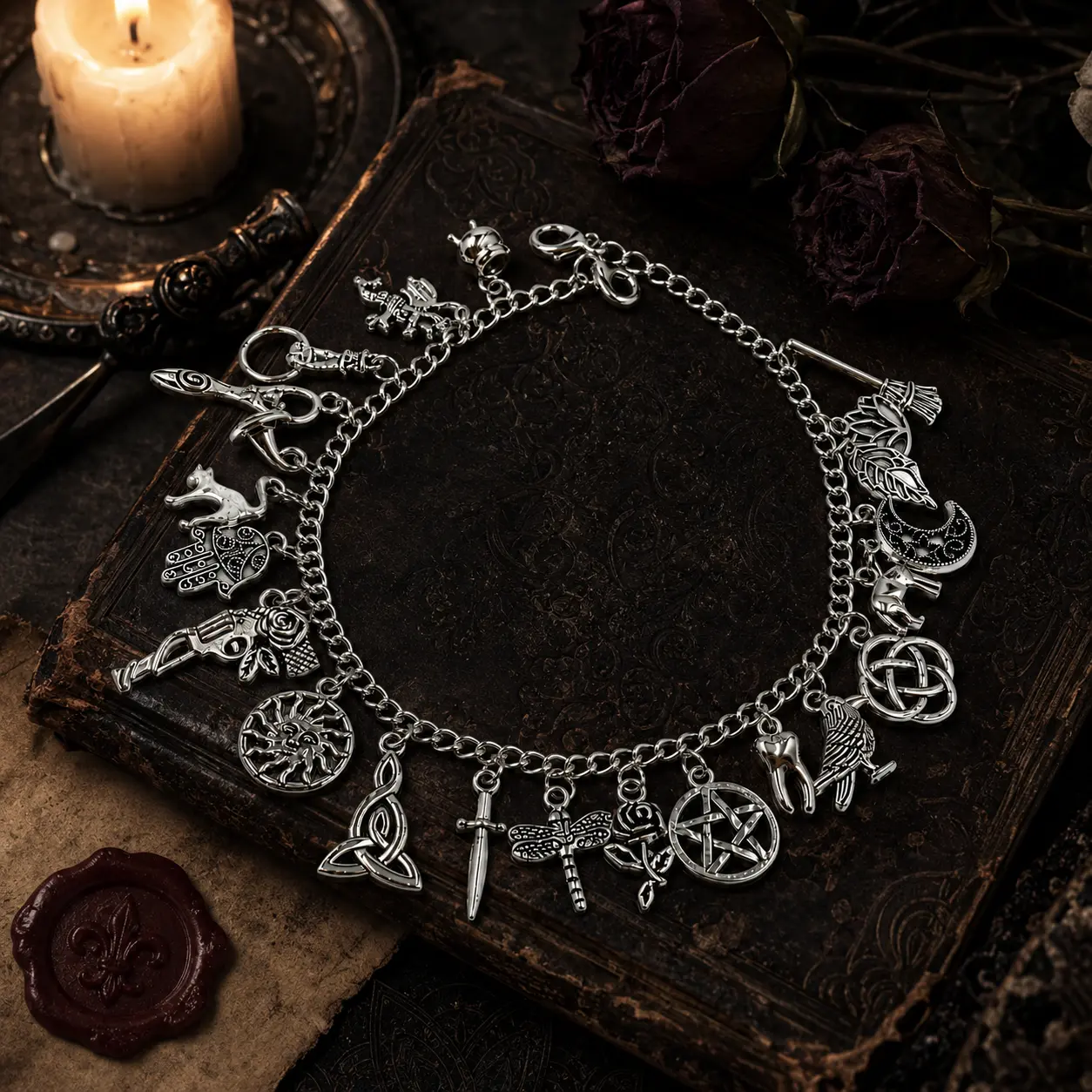 Dark Gothic Multi-Charm Zinc Alloy Bracelet-Anklet, Witchy Look Accessory with Pentagram Motif, Raven, and Celtic Knot for Niche Dark Aesthetic Costume Jewelry, Multi-Charm Set
