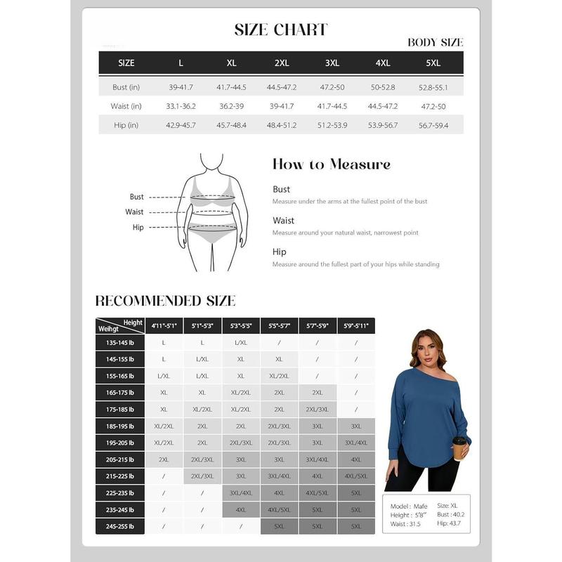 Women's Plus Size Tops Off Shoulder Long Sleeve Loose T Shirts Casual Curved Hem Tunics Tee Shirt
