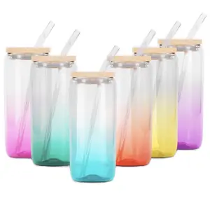 Gradient Colored Glass Cans with Bamboo Lids & Straws - Customizable Drink ware Collection- Leave blank or add a design