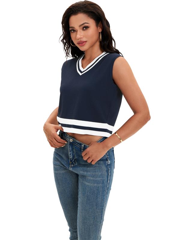 ATHLECHIC Women's Summer Crop Tops Knit Vest Color Block Sleeveless V Neck Tank Tops Loose Fit Tops Dark Blue White