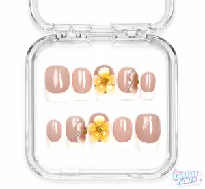 GakuNails SPRING MUSE 10 PCS Short Square Handmade Press On 3D Flower French Tip Builder Gel selectable size Reusable Nails