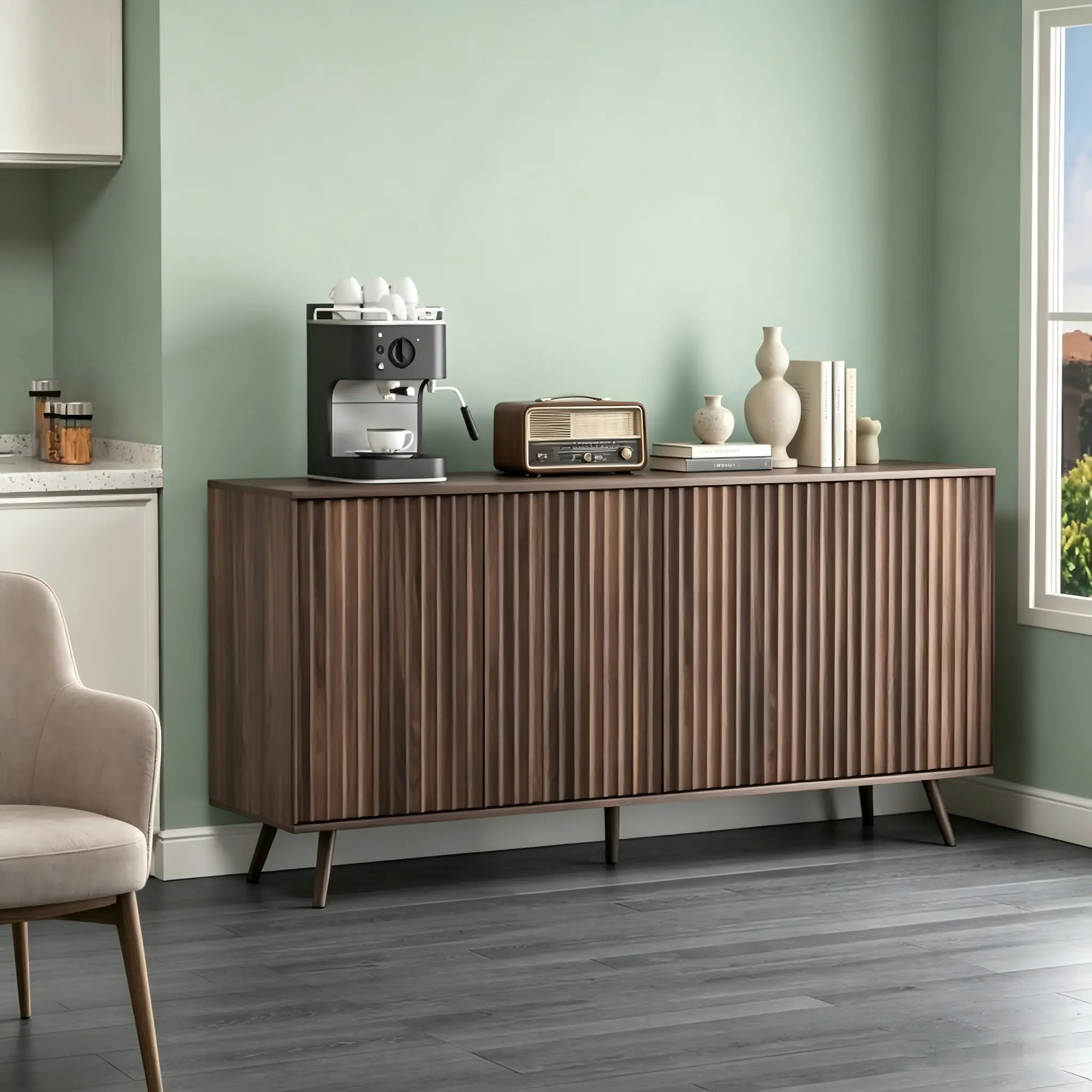 Walnut Sideboard Buffet Cabinet - 59.1" Modern Farmhouse Credenza with 4 Doors & Adjustable Shelves, Long Storage Console for Living Room, Kitchen, Dining Room & Coffee Bar