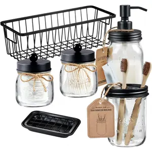 6Pcs Mason Jars Bathroom Accessories Set Complete - Toothbrush Holder, Lotion Soap Dispenser, 2 Mason Jars, Soap Dish, Toilet Paper Basket, Rustic Farmhouse Decor (Black, 6Pcs Bathroom Set) : Home & Kitchen