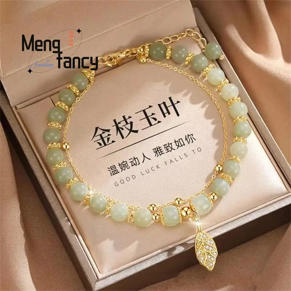 Beads Embellished Hetian-Style Green Jade-Look Gold Leaf Bracelet, Casual Fashion Costume Jewellery Accessory with Comfortable & Versatile Fit