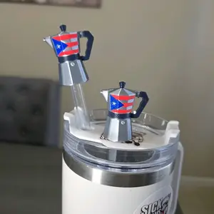 Puerto Rico Flag Greca Straw Cover Topper | 3D Printed PLA Coffee Maker Topper | Boricua Pride Gift, Puerto Rican Party Favor for Straws (Tumbler Not Included)