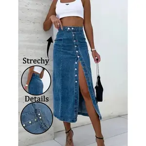 Women’s Elastic Washed Casual Mid-Length Denim Skirt with Button Fly, Suitable for All Seasons, Perfect for Dating and Everyday Wear