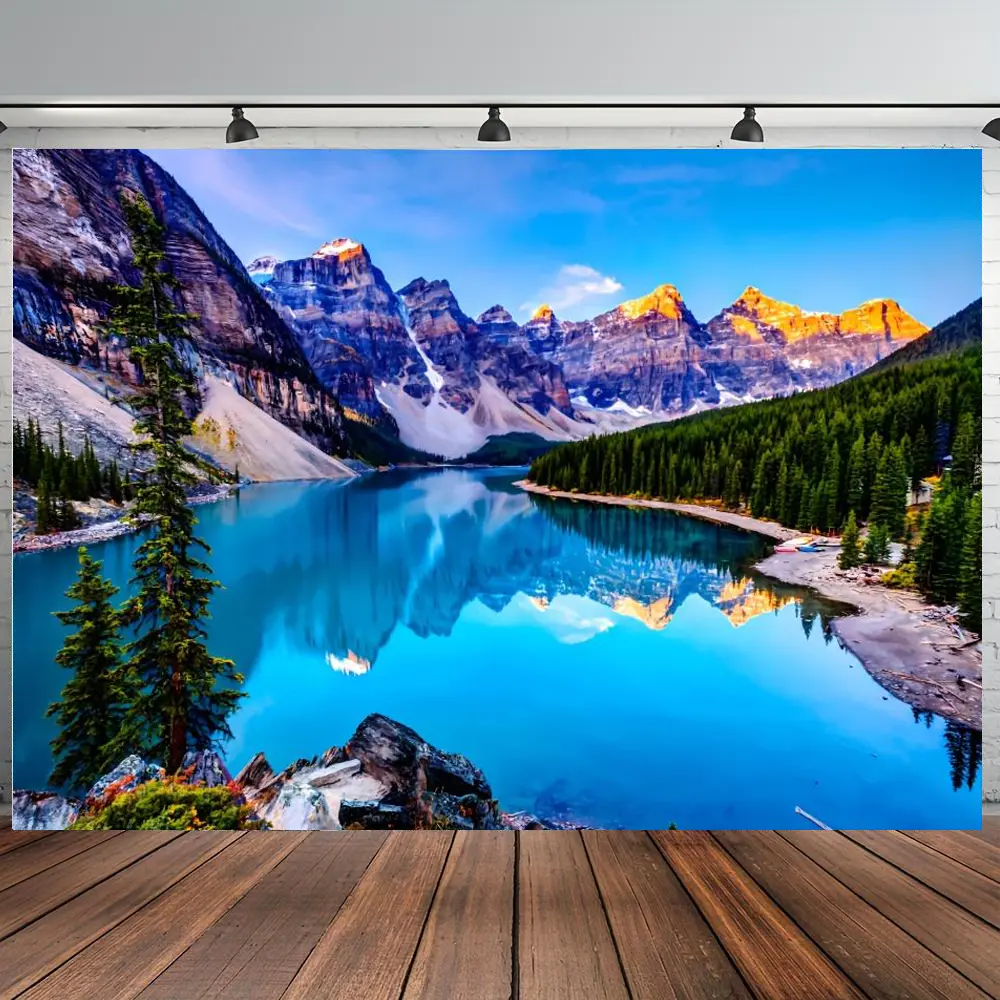 1PC,2D Flat Cross - border Exclusive Natural Scenery Backdrop, Magnificent Landscape with Lakes, Forests, Snow - capped Mountains Photography Backdrop, Festival Event Decoration Backdrop, Photo -, Outdoor Banners, Wall Hanging Backdrop,summerv