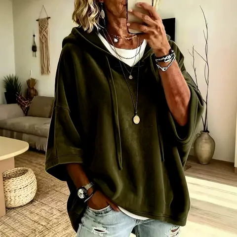 Women's Velvet Hooded Drawstring Sweatshirt - Lightweight, Loose Fit, 3/4 Straight Sleeves, Adjustable Hood, Minimalist Solid Casual Fall Winter Lounge & Streetwear Hoodies for Women