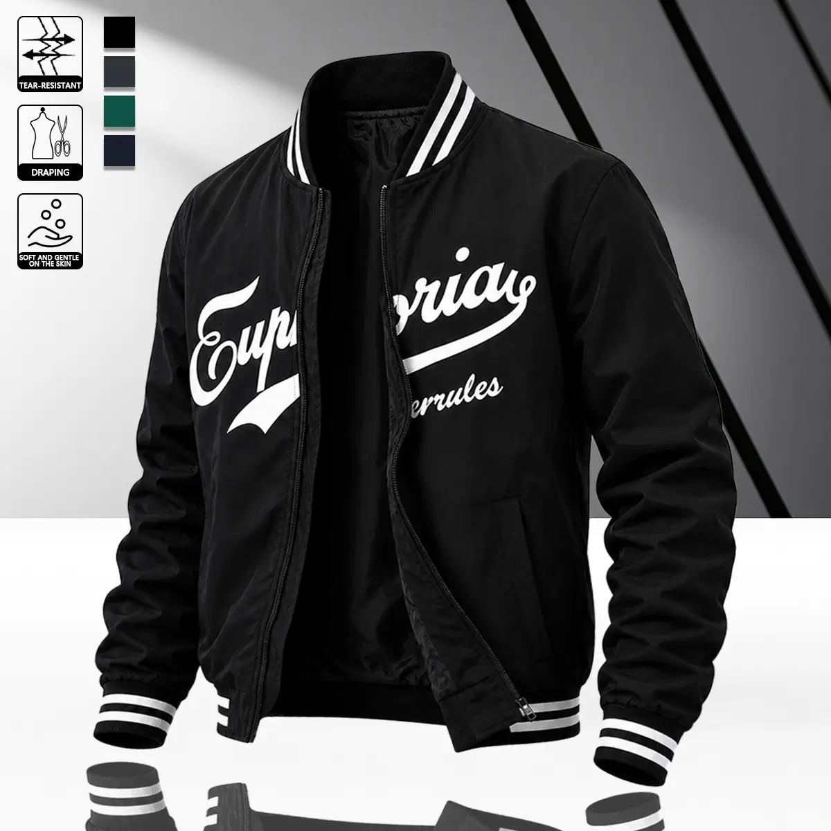 Men’s fashion aviator jacket with letter print, classic collegiate design featuring contrasting striped trim, durable woven fabric that is windproof and practical—ideal for coffee stops, city strolls, and gatherings with friends.