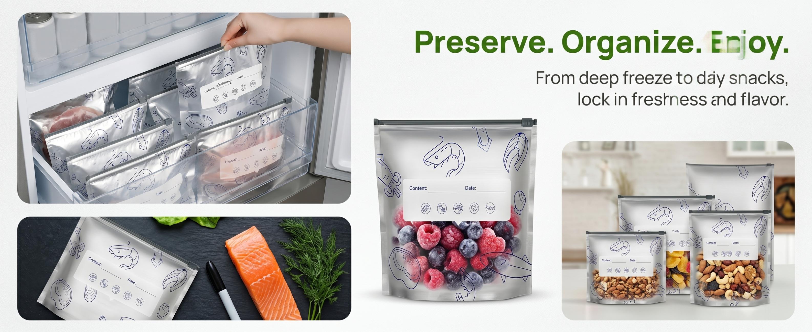 60PCS 3 Sizes 2026 New Upgraded Thickened Reusable Aluminum Foil Sealable Storage Bags, Airtight Vacuum Zipper Pouches, Leak Proof Freezer Safe Stand Up Bags with Label & Zip Lock for Meal Prep, Pantry, Vegetable, Fruit, Meat, Travel Snacks
