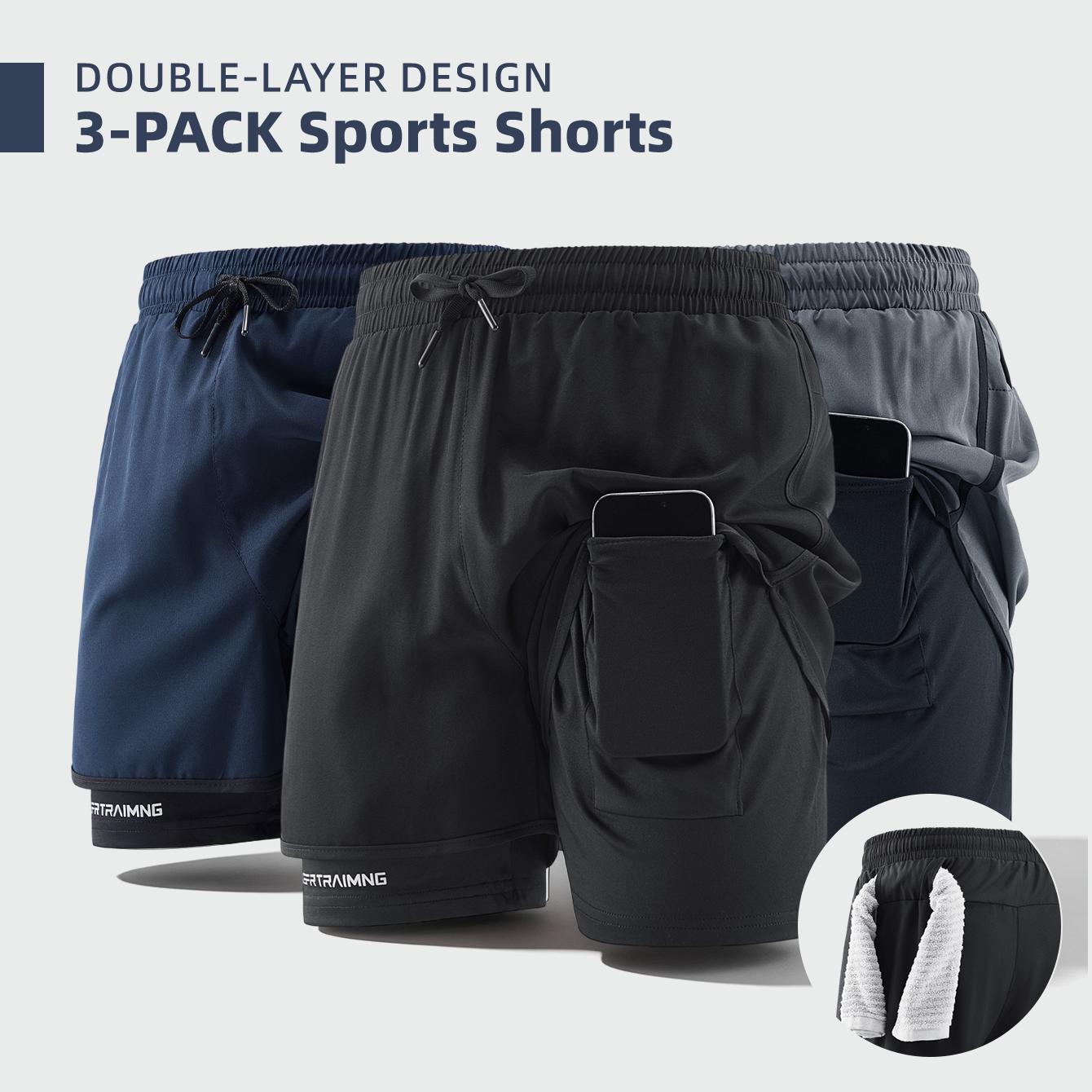 Men’s 3-pack double-layer faux two-piece running shorts with phone pocket and towel loop; quick-drying, breathable, anti-exposure design; lightweight and comfortable; versatile for running, fitness, basketball training, everyday commuting. Men’s 3-pack double-layer faux two-piece running shorts with phone pocket and towel loop; quick-drying, breathable, anti-exposure design; lightweight and comfortable; versatile for running, fitness, basketball training, everyday commuting.