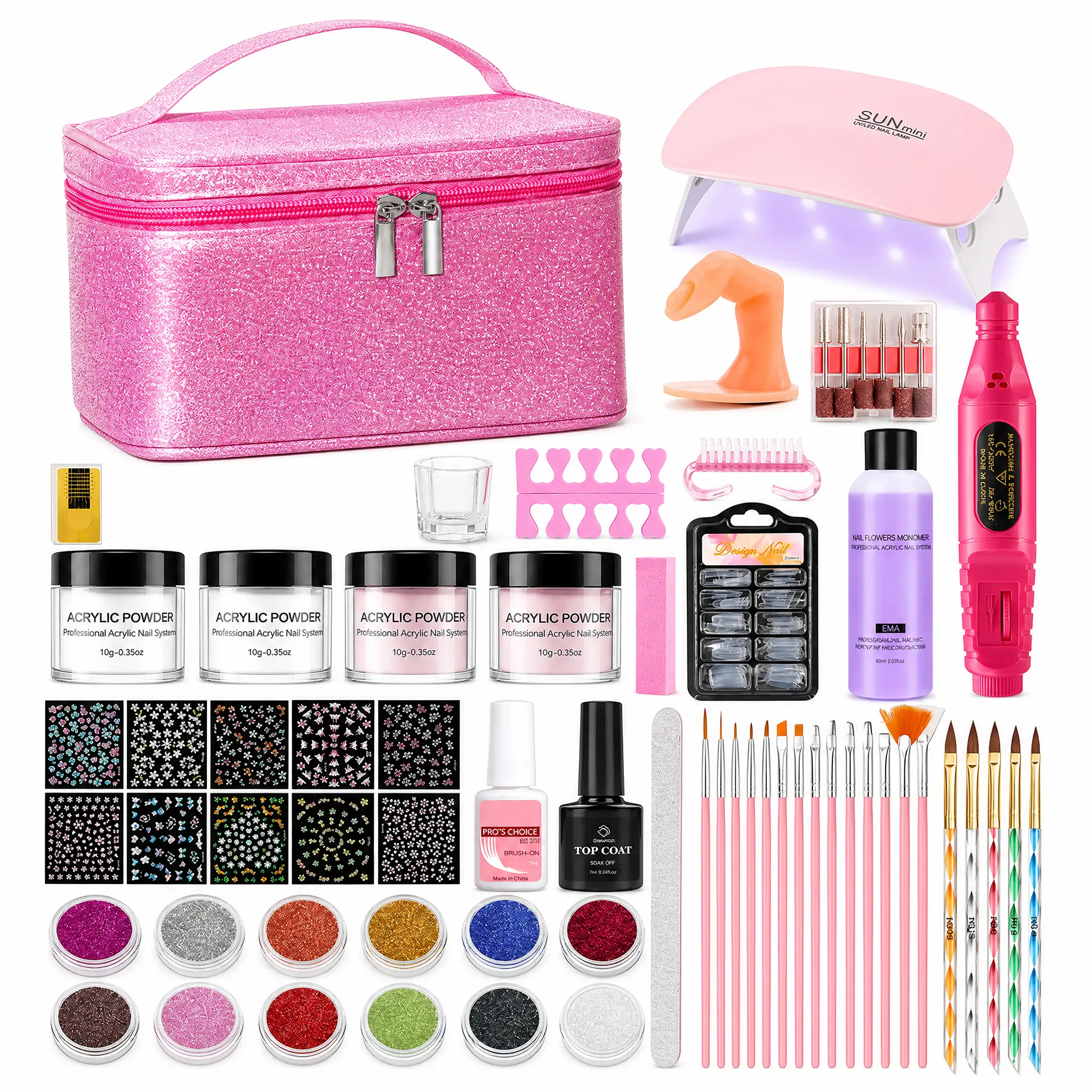 ROSIOUR Salon-Quality Pro Acrylic Extension Kit - Nail Care Manicure Supplies with UV Light, Electric Drill, 4 Powders, French Tips, Glitter, Portable Compact Design - Affordable At-Home Nail Kit for Beginners