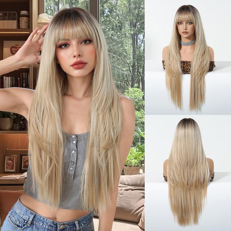 Long Straight Wig With Bangs 28inch Straight Black Wig Synthetic Heat Resistant Fiber Wig for Daily&Party everyday wear Curly Ponytail Extension Clip Tousled Updo Hair Bun Set
