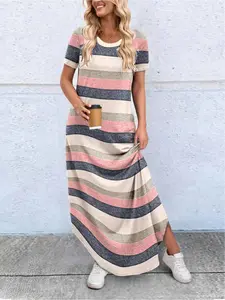 A women's solid-color round-neck pocket loose short-sleeved Casual Knit dress, comfortable and versatile for all occasions.