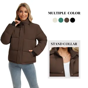 Women's Lightweight Cropped Quilted Puffer Jacket - Polyester, Ribbed, Removable Adjustable Hood, Stand Collar, Winter Zip-Up Snap Button, Warm, Fitted, Long Sleeve, Smooth Comfy Fabric, Casual Streetwear Style for Outdoor Fun