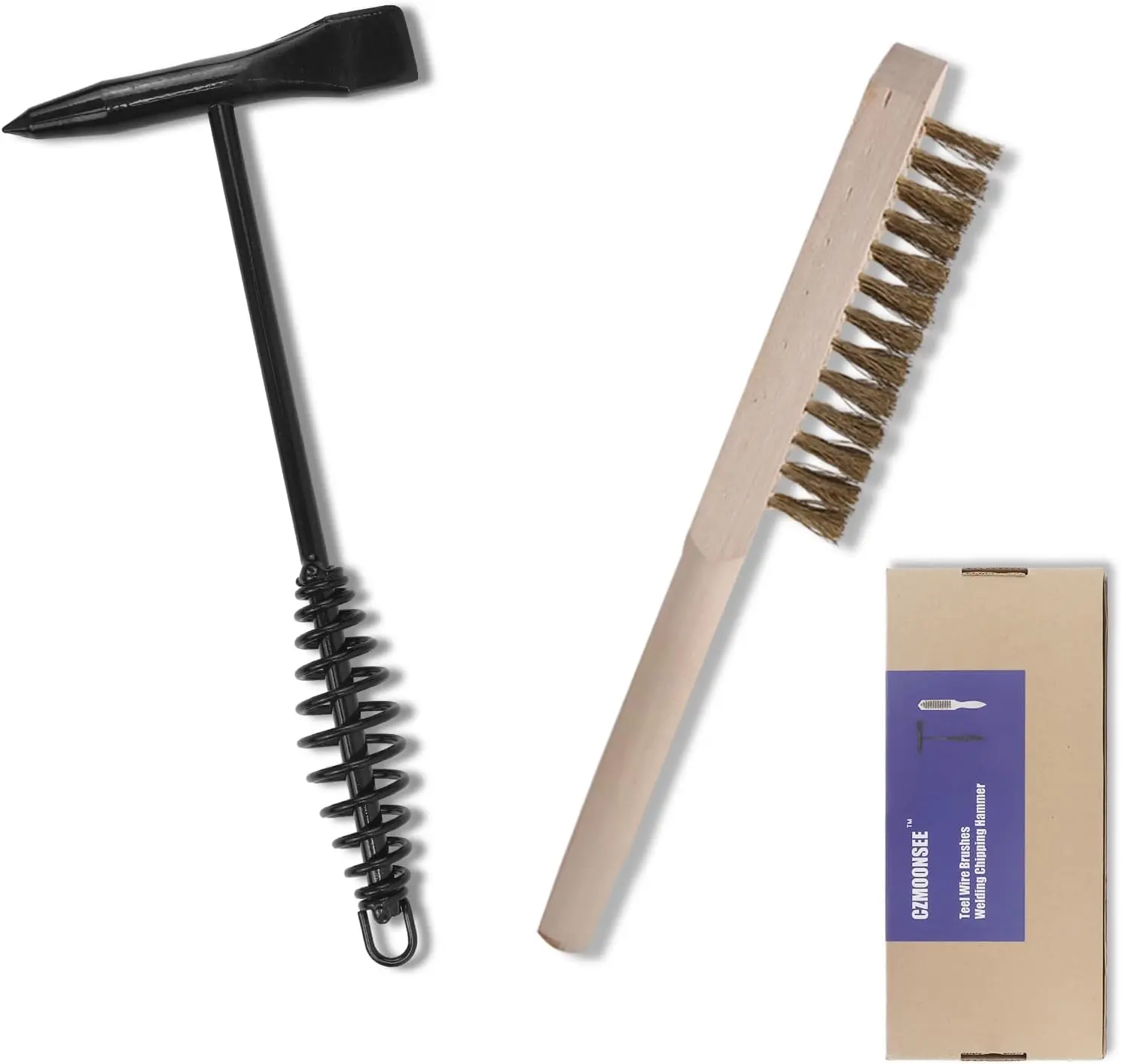 1 Welding Chipping Hammer Set - 11-in Spiral Spring Handle, 10-in Wire Brush, 300g Weight, Corrugated Steel Compatibility, Corrugated Steel Wire, Easy to Clean, Slag Removal Tool, Hammer+Brush Combo