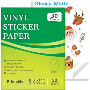 30 Sheets  Printable Vinyl Sticker Paper for Inkjet Printer, Glossy White , Dries ,  Colors, 8.5x11 Inkjet Vinyl Sticker Paper  for  Machines
