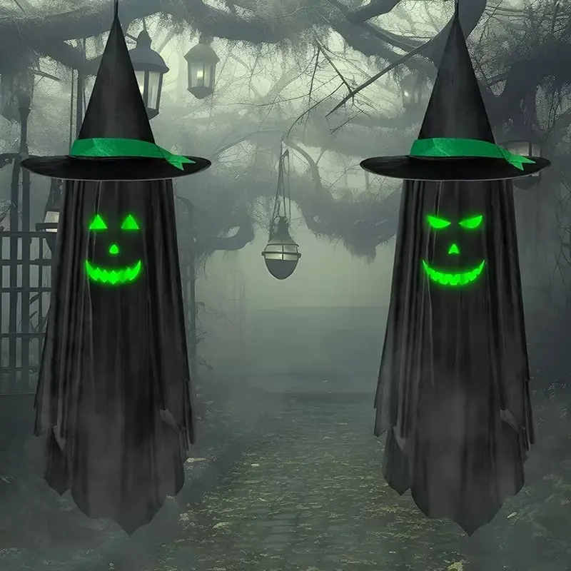 Halloween Glow-in-the-Dark Witch Ghost Hanging Ornament with Classic Wizard Hat - Festive Home Party Decoration