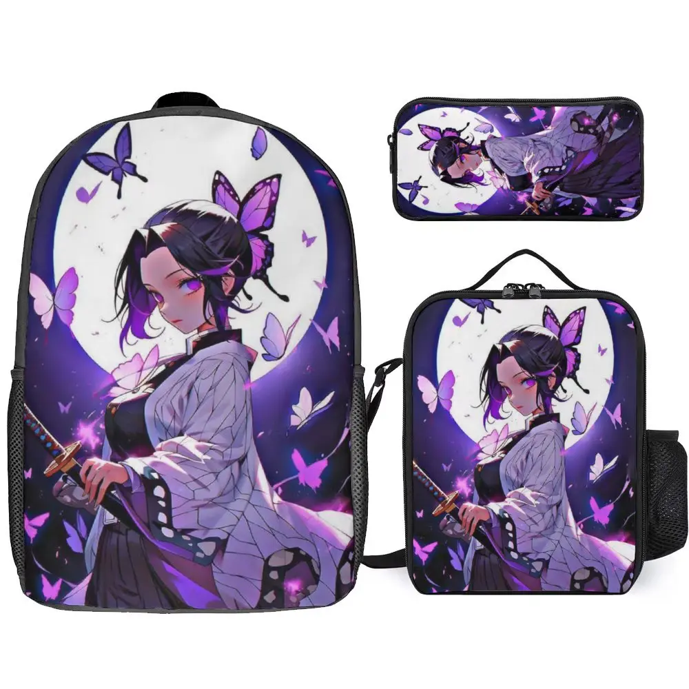 3 Piece Casual Shoulder Bag, Demon Slayer Kochou Shinobu Backpack Set Travel Knapsack with Lunch Box Pencil Case