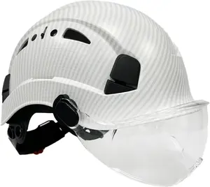 Carbon Fiber Helment with Visor Adjustable Vented Construction Safety Helmet White