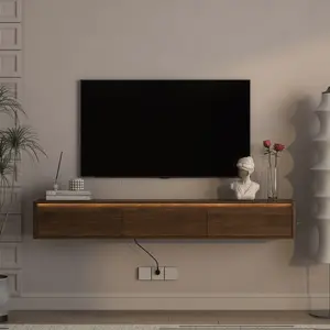 69" Floating TV Stand, Wall Mounted TV Shelf with Led Lights & Power Outlet,High Gloss TV Cabinet for Black tv Stands for Living Room