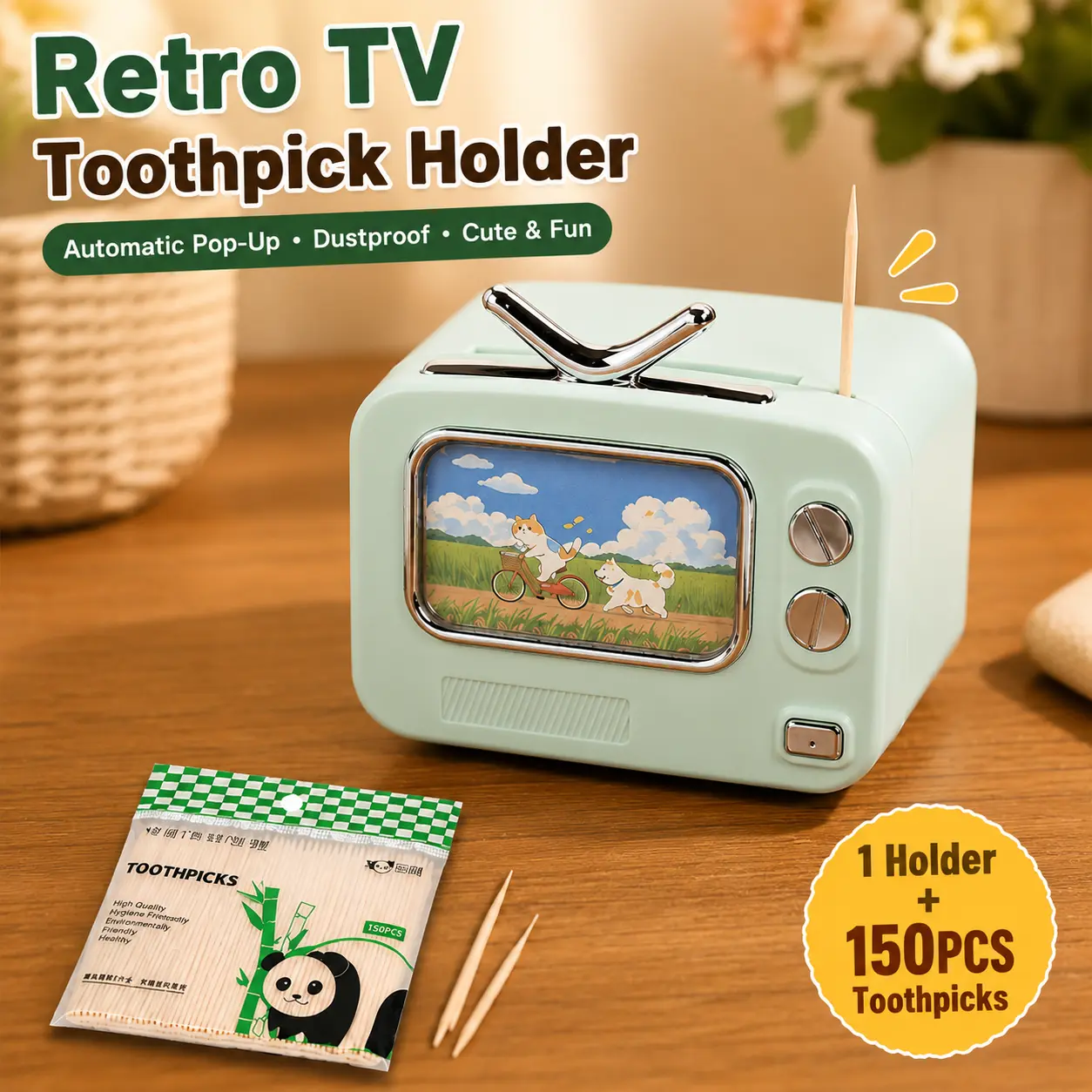 CPERSDEJ Retro TV Automatic Pop-Up Toothpick Holder with 150 Bamboo Toothpicks, Reusable Organizer, Kitchen Gadget, Table Decor, Car Dashboard Accessory, Christmas Gift, Insert