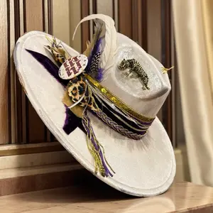 Rusty Peacock Hats LSU Bayou Royalty Handcrafted Statement Hat with Pearl-White Velvet Sequin Trim & Gold Tiger Charm