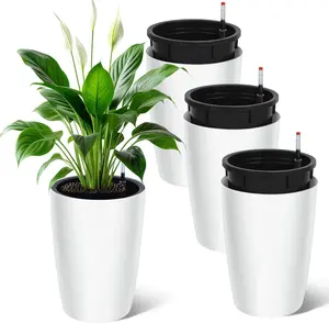 16 Inch Tall Black Planters Set of 4, Self Watering Flower Pots with Drainage System & Water Level Monitor for Indoor Outdoor Patio Home Office Plants