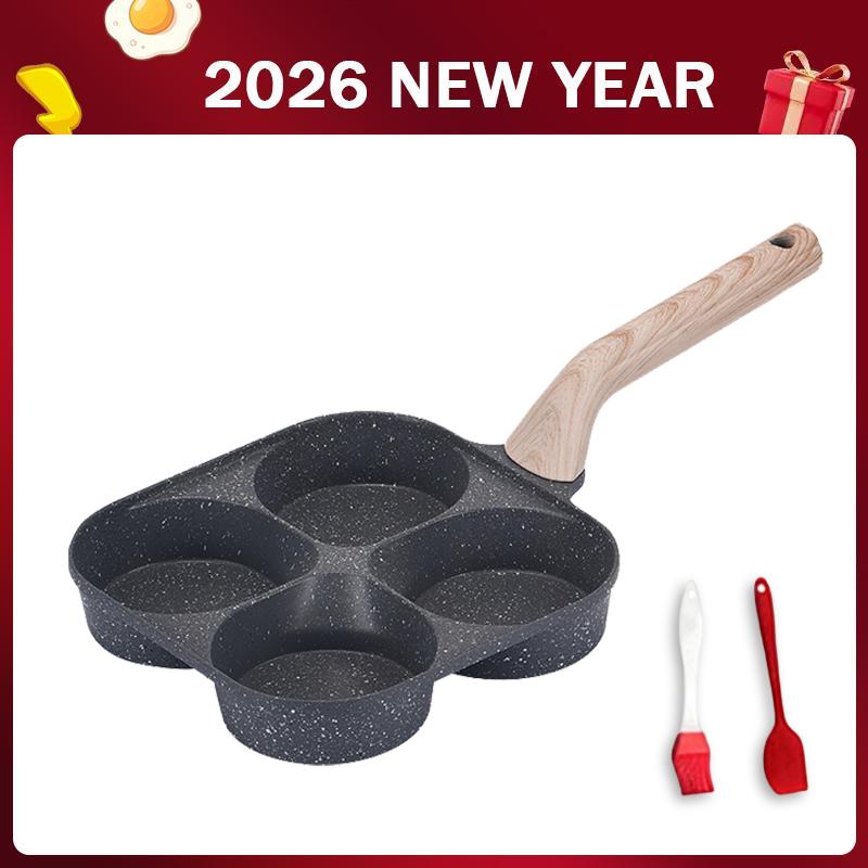 Complete Breakfast Set: 4-Cup Granite Nonstick Egg Pan with Free Spatula & Oil Brush – Your All-in-One Omelette & Pancake Maker Multifunction Non-Stick Egg Frying Pan