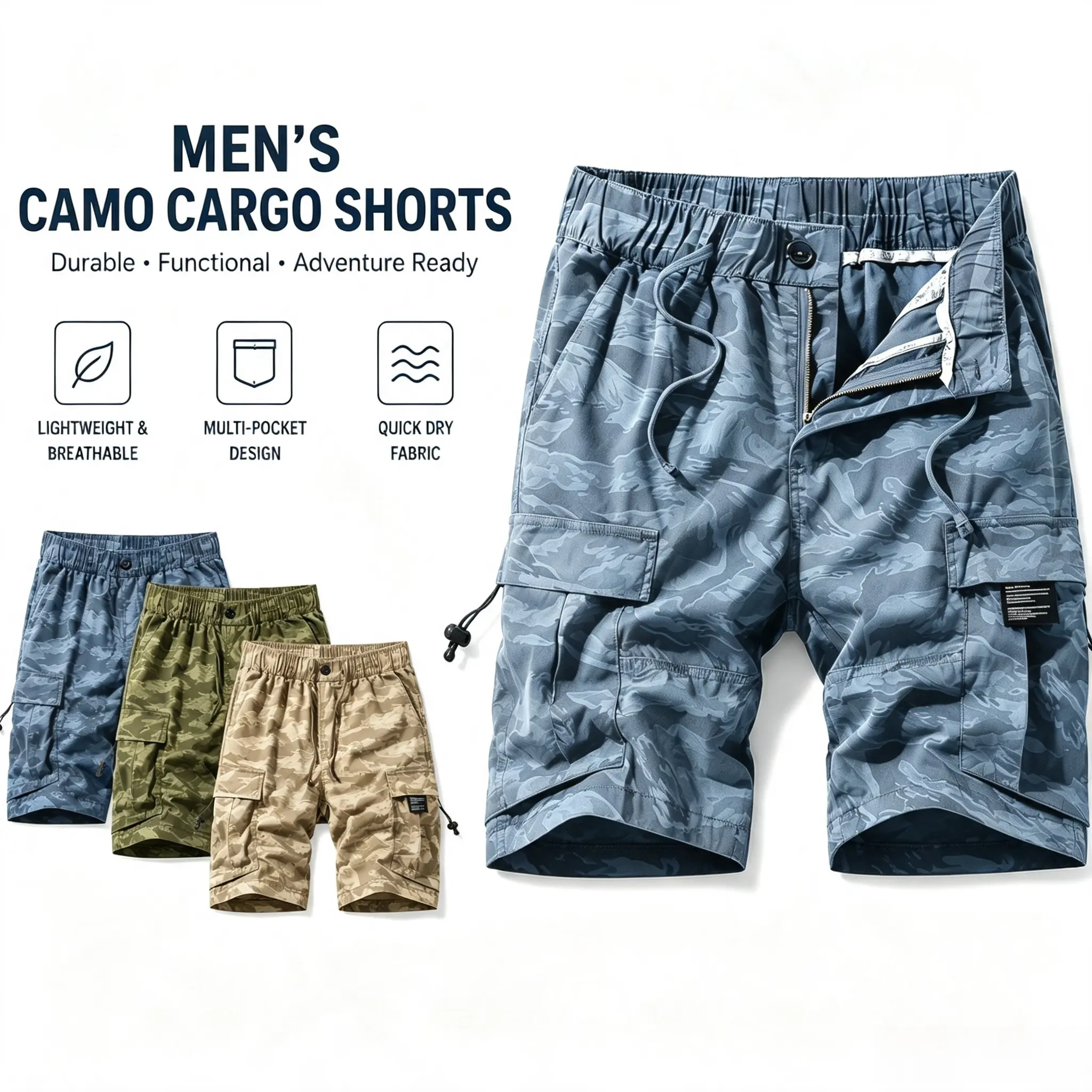 SH 3pcs Mens Camo Cargo Shorts Lightweight Tactical Cargo Shorts for Men Quick Dry Hiking Shorts Multi Pocket Military Shorts Casual Outdoor Work Fishing Camping Travel Summer Breathable Elastic Waist Utility Shorts Loose Fit Camouflage