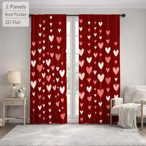 2Pcs Romantic Red Heart Pattern Sun Blocking Curtains Digital Printed Rod Pocket, Window Treatment For Bedroom Office Kitchen Living Room Study Home Decor