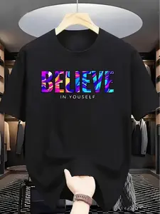 Bold Typography Statement Tee for Everyday Wear - 'BELIEVE IN YOURSELF' in Vibrant Print, White or Black,Casual everyday wear, regular-length T-shirt, travel outfit, loose and comfortable fit.