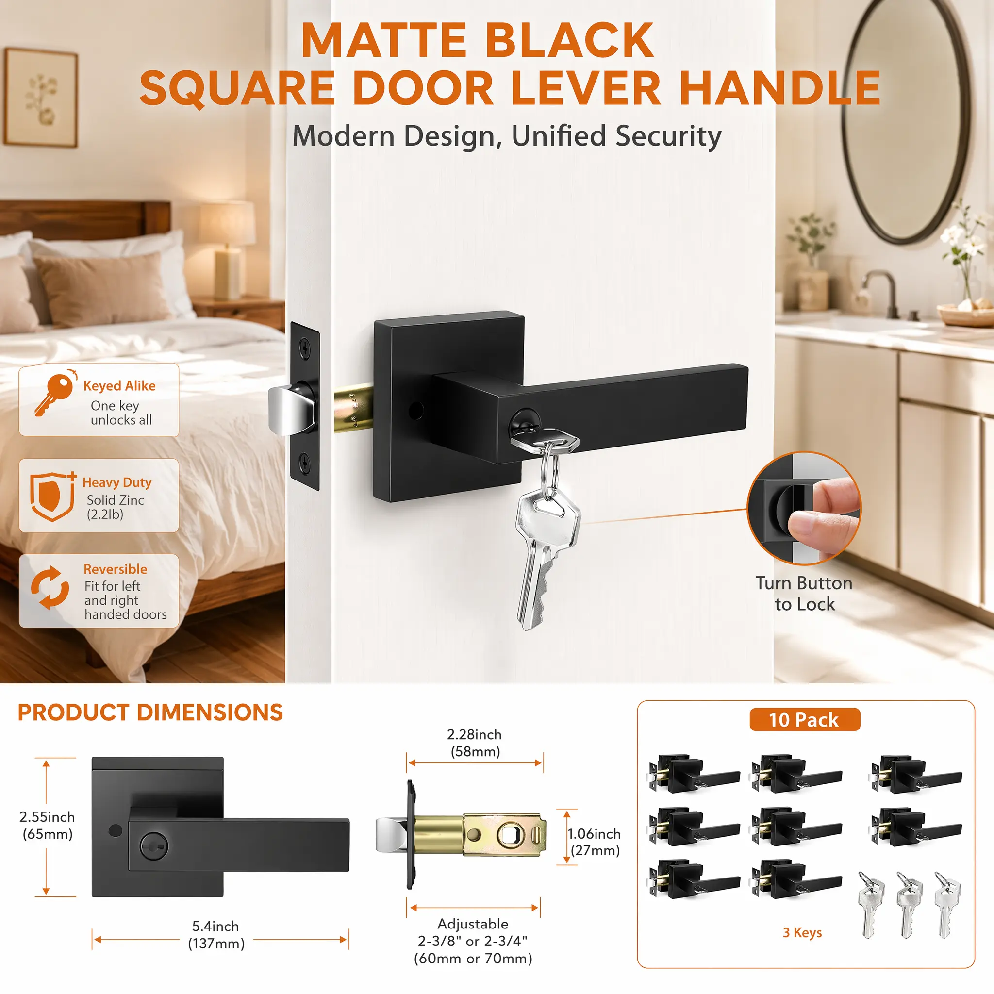 10 Pack Black Door Handles Set, Heavy Duty Door Lock with 30 Diferent Keys | Zinc Door Knobs Interior, Reversible for Left Right Handed Doors, Bathroom & Bedroom