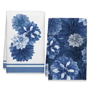 Navy Blue/Purple Dahlia Flower Spring Kitchen Towels, Blue Gray Dish Towels Set of 2, Spring Summer Elegant Floral 16 x 24 Inch Hand Towel Quick Drying Dishcloth Decor for Kitchen Bathroom Home