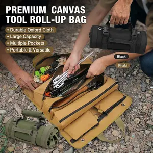 Heavy Duty Canvas Tool Roll Organizer - 6 Large Zippered Pockets Detachable Pouches Oxford Cloth Portable Tool Bag for Electrician, Mechanic, Camping & DIY | Large Capacity Multi-Purpose Tool Storage Pouch for Men, Tool Gifts